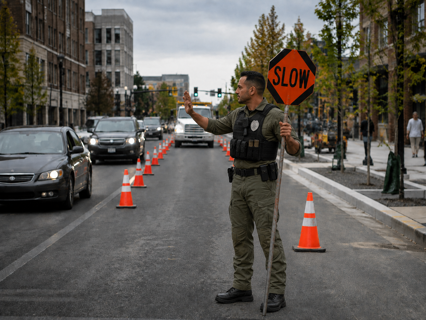 A flagger controlling traffic in a work zone